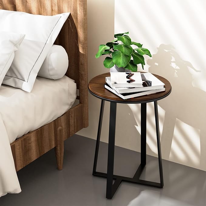Round End Tables, Small Side Table Walnut Color MDF Top, Metal Frame Black, Tall End Table for Bed Room, Coffee Tea End Table for Living Room(Walnut+Black)-Ruum Studio Home