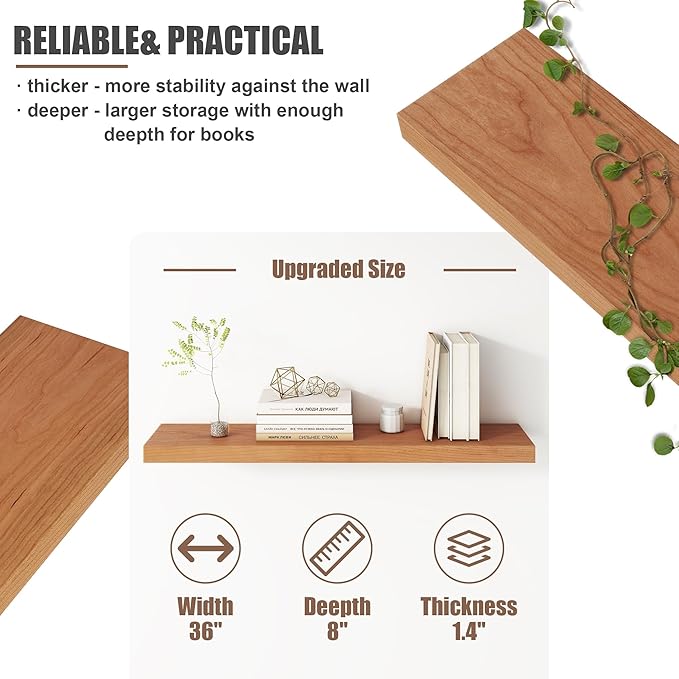Floating Shelves for Wall, USA-Sourced Cherry Wood 36 Inch Long Wall Shelves Set of 2, Natural Wooden Wall Mounted Picture Ledge Shelf, Nursery Book Storage Shelf Kids Bookshelf, Display Shelf-Ruum Studio Home