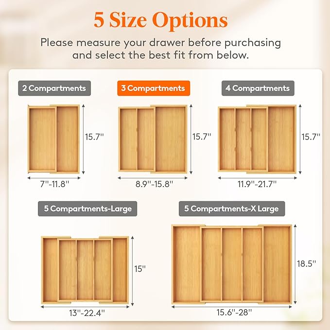 Lifewit Utensil Drawer Organizer, Expendable Cooking Silverware Tray for Kitchen Drawer, Bamboo Adjustable Cutlery Flatware Holder, Spatula Tools and Gadgets Storage Divider, 3 Compartments, Natural-Ruum Studio Home
