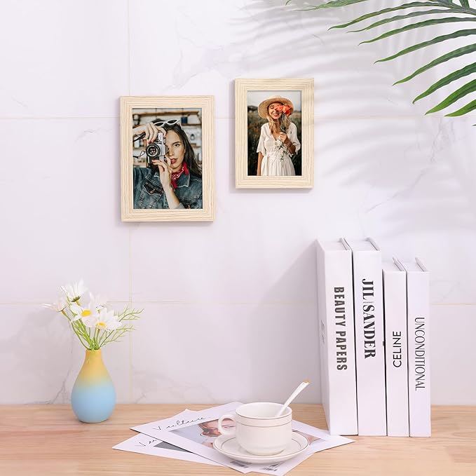 Vittanly 5x7 Picture Frames Set of 9, Shatter Resistant Plexiglass, Display 4x6 Pictures with Mat or 5x7 without Mat, Photo Frames for Wall or Tabletop, Engineered Wood, OAK-Ruum Studio Home