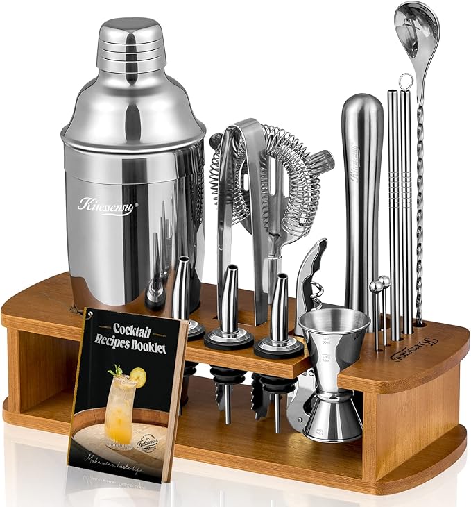 KITESSENSU Cocktail Shaker Set Bartender Kit with Stand | Bar Set Drink Mixer Set with All Essential Accessory Tools: Martini Shaker, Jigger, Strainer, Mixer Spoon, Muddler, Liquor Pourers |Silver-Ruum Studio Home