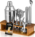 KITESSENSU Cocktail Shaker Set Bartender Kit with Stand | Bar Set Drink Mixer Set with All Essential Accessory Tools: Martini Shaker, Jigger, Strainer, Mixer Spoon, Muddler, Liquor Pourers |Silver-Ruum Studio Home