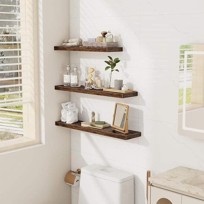 Fun Memories 32 Inch Floating Shelves Wall Shelf Set of 3, Rustic Farmhouse Home Decor Kitchen Living Room Shelves Wall Mounted, 32 x 6.7 x 1.4 Inch, Rustic Brown-Ruum Studio Home