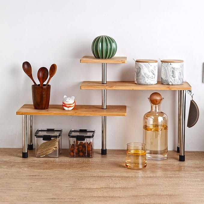 HYNAWIN Corner Shelf Bamboo & Metal Storage Spice Rack, 3 Tier Desk Bookshelf Display Shelves Space Saving Organizer, Adjustable Rack for Kitchen, Bed Room, Office-Best Home Décor (Upgraded Shelf)-Ruum Studio Home