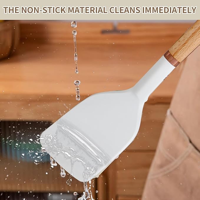 13-Piece silicone utensil set wood handle nonstick cookware safe dishwasher safe kitchen tools BPA free heat resistant (450°F/230°C) ceramic pan safe cooking gifts housewarming (White)-Ruum Studio Home