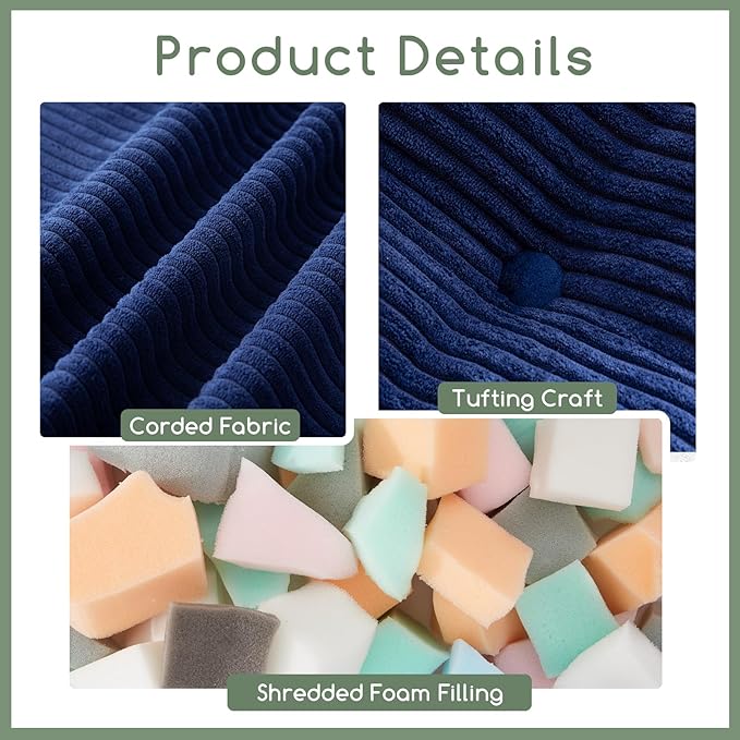 HIGOGOGO Square Stuffed Pouf Ottoman, Corduroy Poufs with Foam Chunk Filling, Furry and Fluffy Pouf Foot Stool Storage Ottoman, 21 X 21 Floor Poufs Foot Rest for Living Room, Navy-Ruum Studio Home