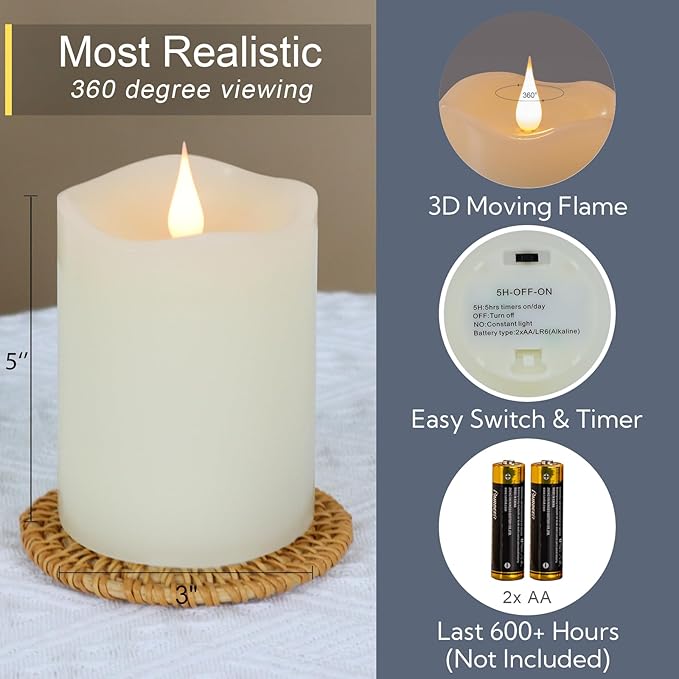 Flameless Candles Battery Operated with Remote Timer, 3D Moving Flame Flickering, Last 600+ Hours Battery Candles, 3" x 5" Ivory Real Wax Electric LED Candle for Wedding Party, Set of 2-Ruum Studio Home