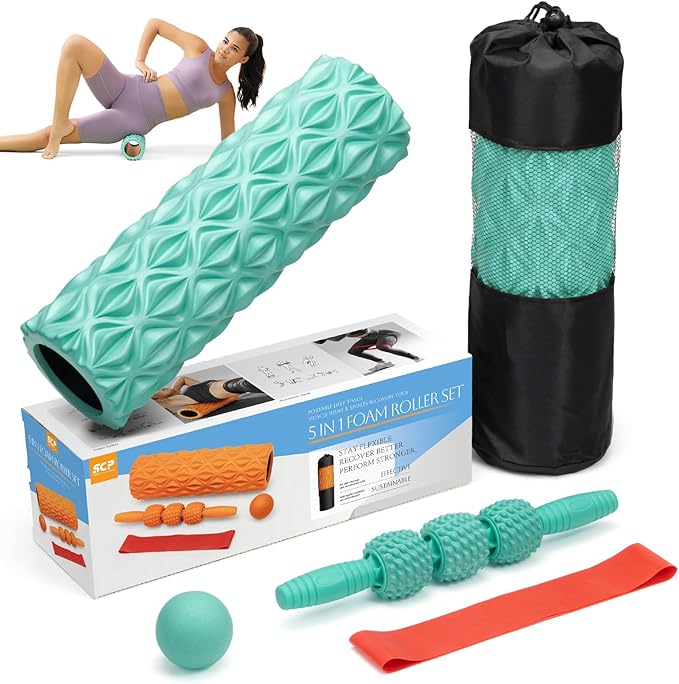 5 in1 Foam Roller Set, Trigger Point Foam Roller, Massage Roller Stick, Massage Ball, Resistance Band for Deep Muscle Massage Pilates Yoga,Fitness Exercise for Whole Body (Pure Turquoise)-Ruum Studio Home