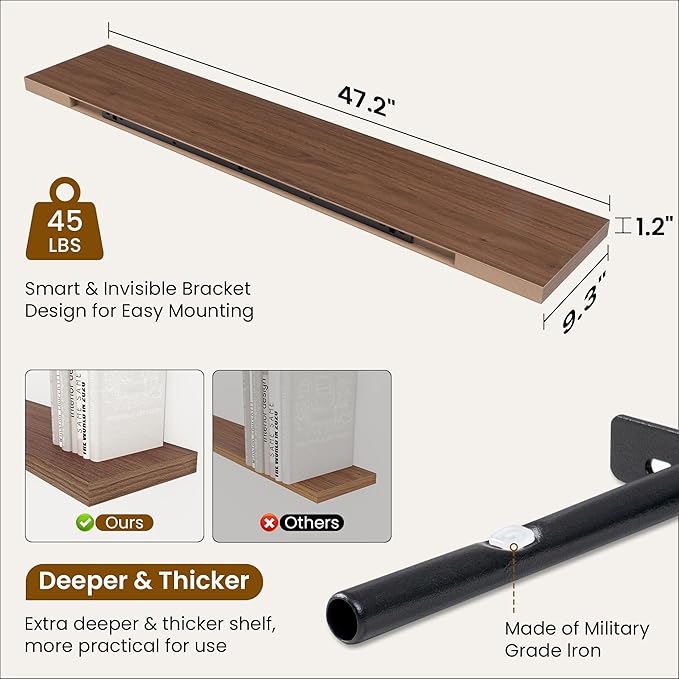Fun Memories 48 Inch Deep Floating Shelves for Wall, 2 Pack of Long Wall Mounted Wood Shelves with Invisible Brackets for Bathroom, Bedroom, Living Room, Kitchen Decor and Storage, Walnut-Ruum Studio Home