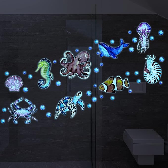52 Pcs Ocean Fish Wall Decals Glow in The Dark Under The Sea Wall Decals Sea Animals Stickers Removable Waterproof Peel and Stick for Kids Bathroom Watercolor Ocean Decor(Funny Style)-Ruum Studio Home