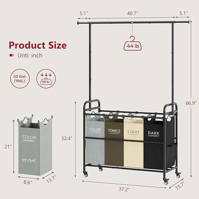 Tajsoon Laundry Sorter Cart with Hanging Clothes Rack, 4 Butler Sorter Basket Organizer, Laundry Hamper Cart with Heavy Duty Rolling Lockable Wheels, 4 Colors-Ruum Studio Home