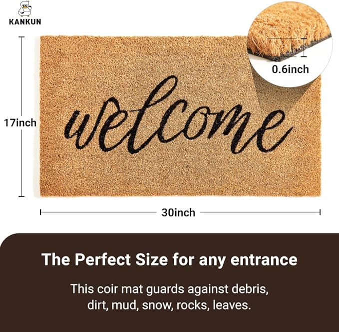 KANKUN Coco Coir Door Mat with Heavy Duty Backing, Welcome Doormat (17" x 30"), Doormat Entrance (Welcome3)-Ruum Studio Home