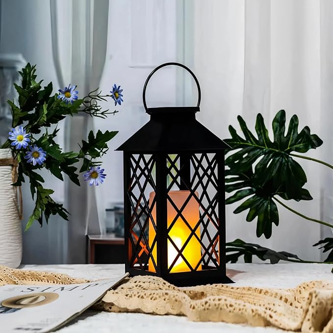 Simplelight 11 Inch Decorative Lanterns-IP44 Waterproof Outdoor Hanging Lantern, Battery Operated Decorative Lantern for Patio, Table, Fireplace with Timer, Black Color (1)-Ruum Studio Home