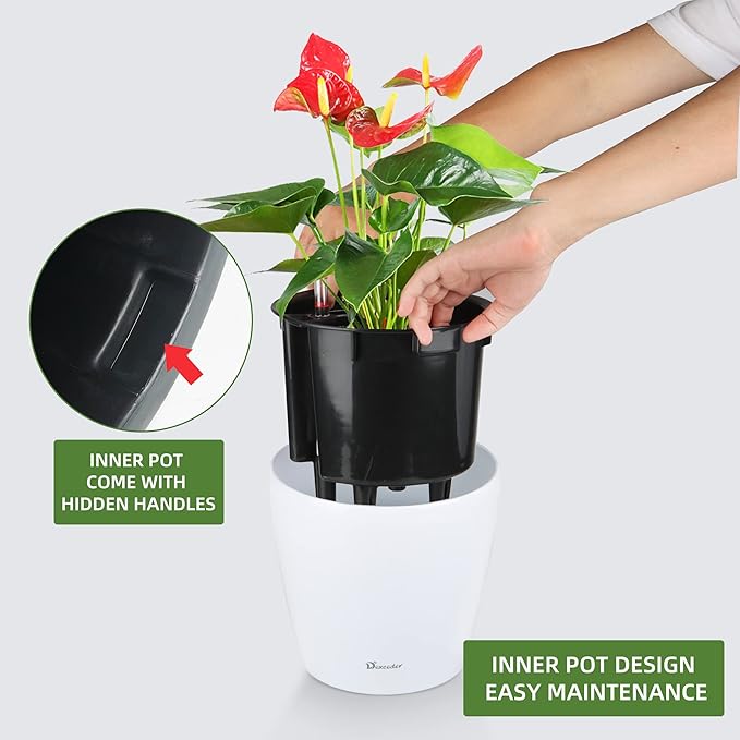 Dexceder 9x8 Inches High Gloss Self Watering Planter Indoor Outdoor, Inner Pot Design, Thickened Table Flower Plant Pot with Water Level Indicator (White)-Ruum Studio Home