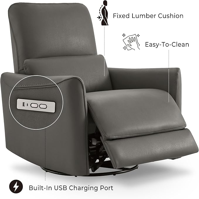 CHITA Power Recliner Chair Swivel Glider, FSC Certified Upholstered Faux Leather Living Room Nursery Reclining Sofa Chair with Lumbar Support, Charcoal-Ruum Studio Home