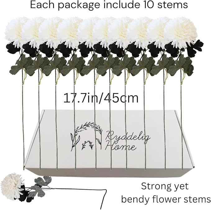 Large Faux Kiku Flower White - 10 Stems, Bulk Silk Flowers For Home Decor Indoor, Realistic Artificial Flowers, Fake White Flowers, Real Touch Flowers, Flores Artificiales Para Centro De Mesa-Ruum Studio Home
