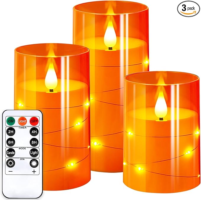 NURADA Flameless Candles with Remote Timers: Built-in Star String Lights 3D Wick Battery Operated Flickering LED Electric Candles for Halloween Thanksgiving Dinner Tables Fall Home Decor Orange 3 Pack-Ruum Studio Home