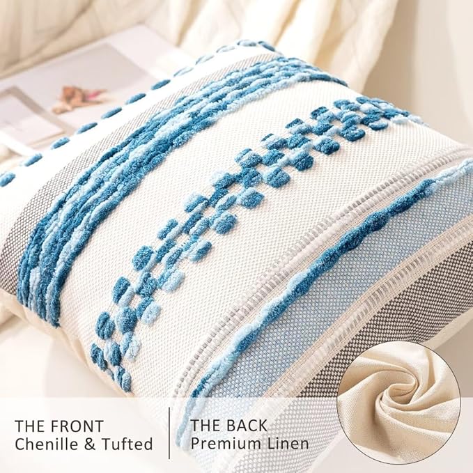 Boho Throw Pillow Covers 18x18 Set of 2 Farmhouse Decorative Cushion Case Striped Square Pillows Cover Chenille Pillow Cases Accent Neutral Pillowcase for Sofa Couch Bed,Sky Blue-Ruum Studio Home
