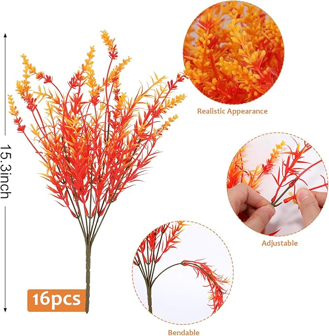 Geegoods 16 Bundles Artificial Fall Flowers Outdoor – Faux Lavender Flowers with Monkey Grass UV Resistant Plastic Faux Plants for Halloween Front Door Porch Patio Yard Balcony Decor, Orange Color-Ruum Studio Home