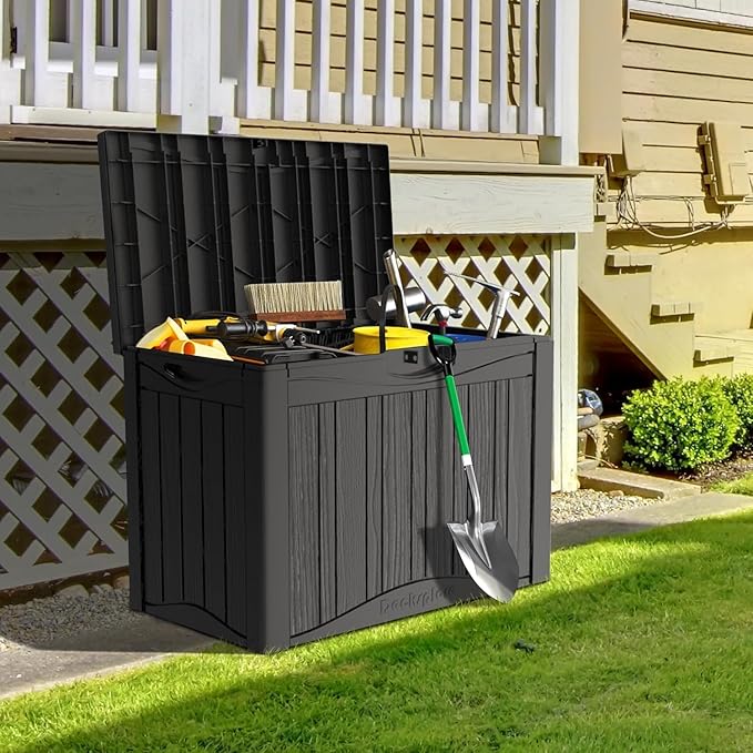 45 Gallon Lockable Resin Deck Box, Waterproof & UV-Resistant Outdoor Storage Box for Outdoor Cushion Storage, Garden Tools & Pool Accessories Storage, Black-Ruum Studio Home