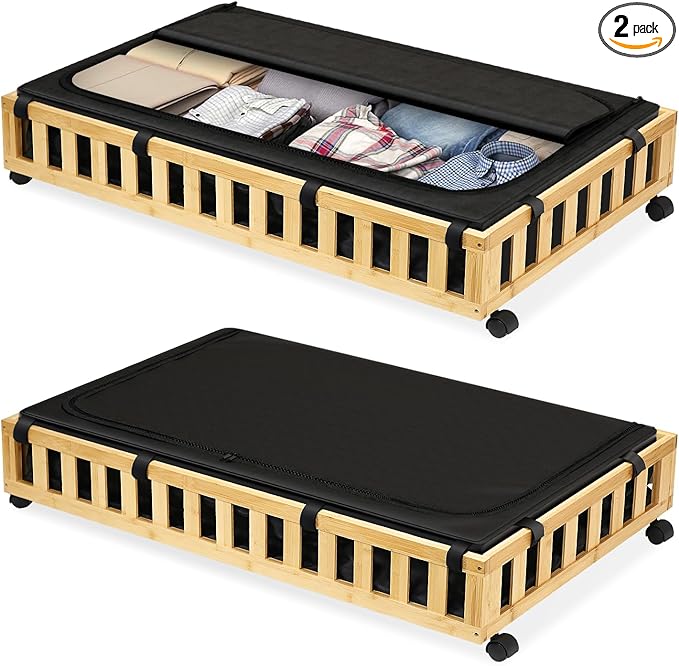 2 Pack Bamboo Under Bed Storage with Wheels, 39”x20”x7.8” Lager Under Bed Storage Containers (Natural)-Ruum Studio Home