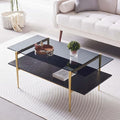 Rectangle Coffee Table for Living Room, Mid-Century Modern Design, L41 x W21 x H17, 2-Tier Structure, Clear Glass Top and Black Marble Wood Shelf, Conical Metal Legs with Gold Finish-Ruum Studio Home