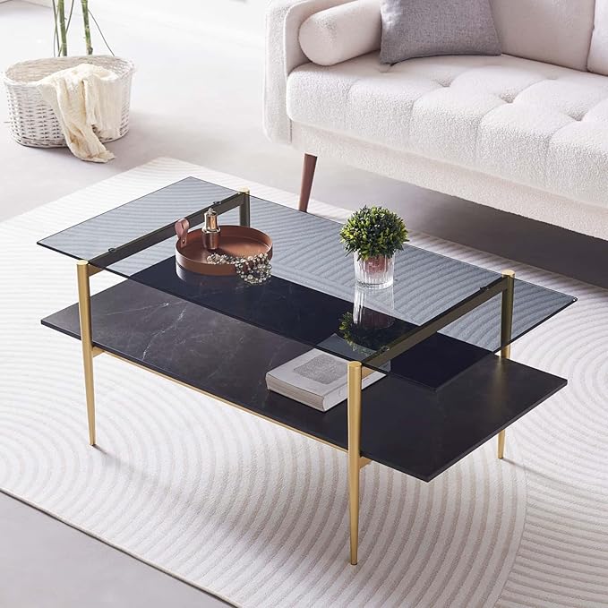 Rectangle Coffee Table for Living Room, Mid-Century Modern Design, L41 x W21 x H17, 2-Tier Structure, Clear Glass Top and Black Marble Wood Shelf, Conical Metal Legs with Gold Finish-Ruum Studio Home