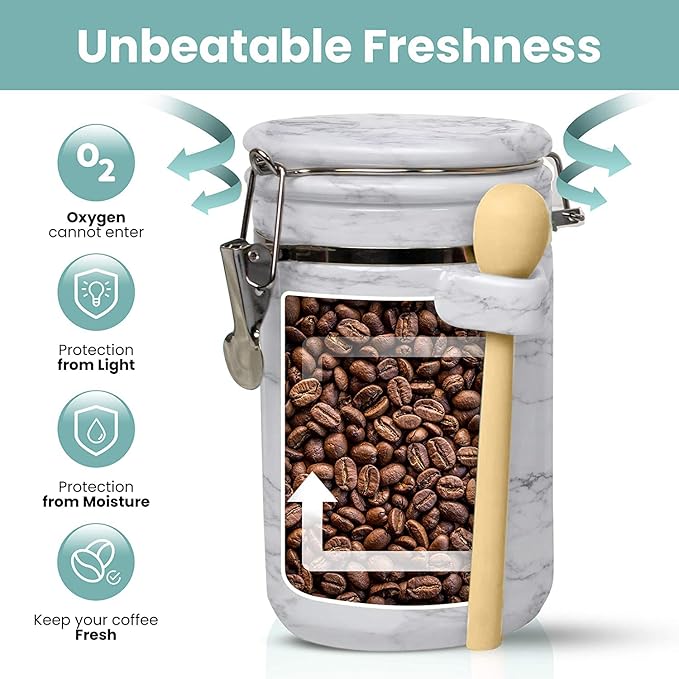 Home Intuition 4-Piece Ceramic Kitchen Canisters Set, Airtight Containers with Wooden Spoons Reusable Chalk Labels and Marker for Sugar, Coffee, Flour, Tea (White Marble)-Ruum Studio Home