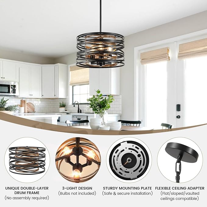 Farmhouse Chandelier, Dining Room Light Fixture, 3-Light Modern Black Pendant Light Fixture, Rustic Industrial Ceiling Hanging Light Fixture for Entryway Foyer Kitchen Over Table Hallway-Ruum Studio Home
