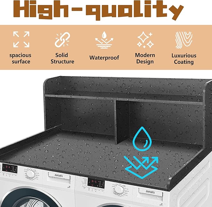 Royxen 2-Tier Washer Dryer Countertop,19.5"H Wood Washer and Dryer Topper with Storage Shelf,Laundry Countertop Over Washer Machine, Universal Fit for Laundry Room Organization (Black, 54"W X 27.5"D)-Ruum Studio Home