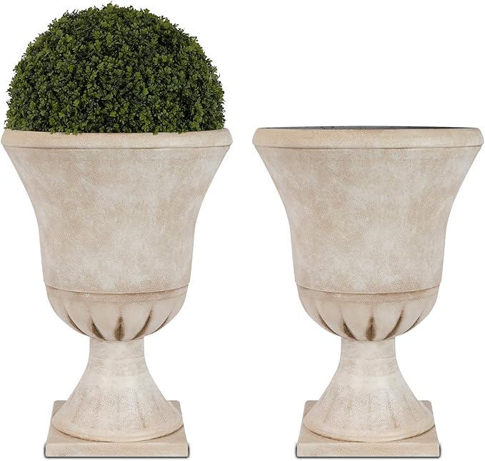 Worth Garden Plastic Urn Planters for Outdoor Plants, Tree 22'' Tall 2 Pack Round Classic Resin Flower Pots Indoor Beige Traditional Front Porch 15 in Dia. Large Imitation Stone Decorative Patio Deck-Ruum Studio Home