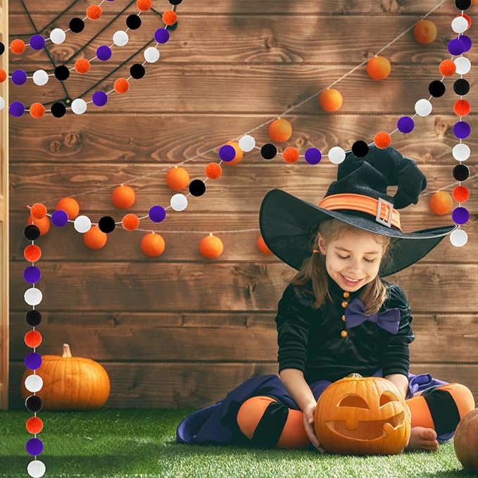 Jishi Fall Event Garlands, 3pk Orange Black White Felt Pom Pom Garland, 6.6ft Long, 25mm 24 Balls, Halloween Thanksgiving Party Decor-Ruum Studio Home