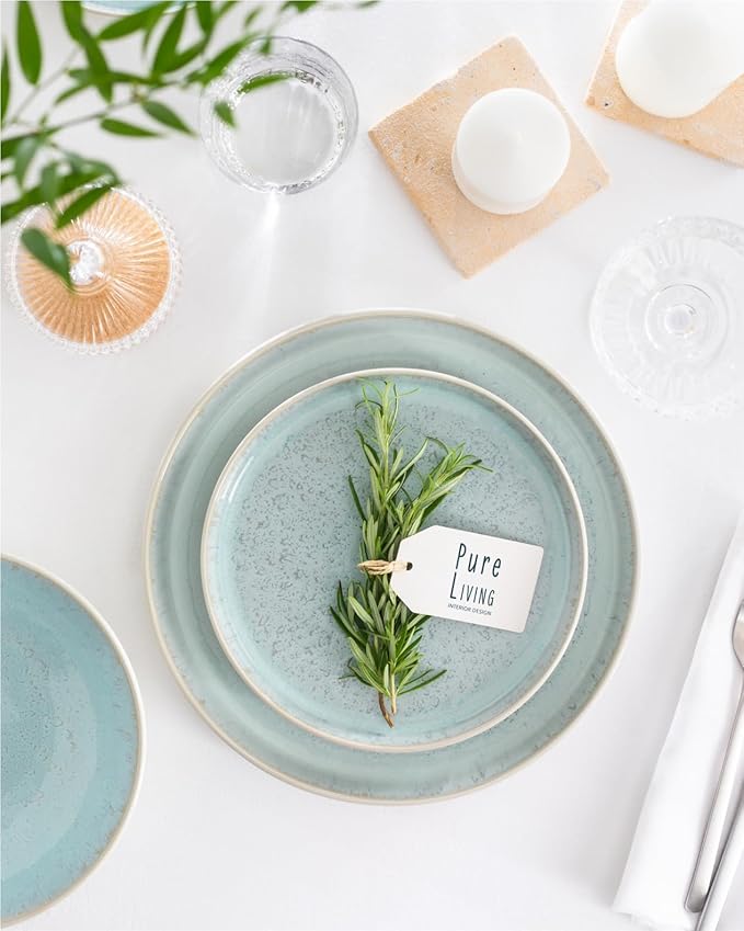 32 Piece Dinnerware Sets for 8 - Modern Style Stoneware Dinnerware Set - Scratch Resistant, Dishwasher Safe Plates and Bowls Sets Ceramic, Dish Set, Bowl and Plate Set - Beige and Blue…-Ruum Studio Home