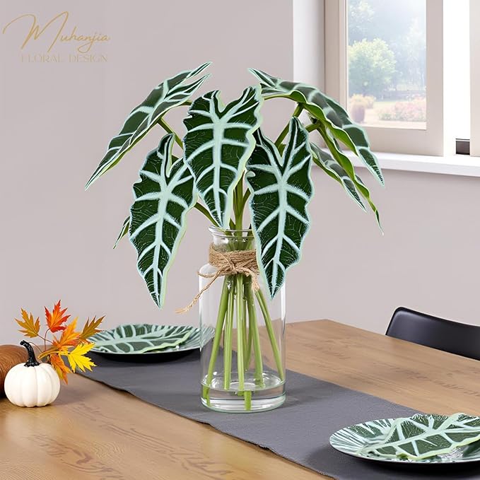 Artificial Flowers Turtle-Back, Alocasia Leaf, in Glass Vase with Faux Water,7Pcs Artificial Leaves Real Touch Latex Leaves for Centerpiece (2, Alocasia Leaf)-Ruum Studio Home