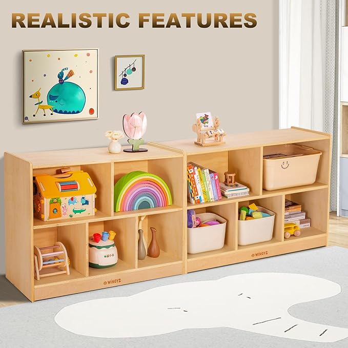 wingyz Wood Storage Shelf Organizer, 35.4" L, 5-Section Montessori Kids Toy & Book Shelf, Wooden Cabinet for Kids Rooms, Playroom, Classroom, Nursery, Preschool Furniture - Nature-Ruum Studio Home