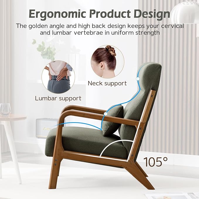 INZOY Mid Century Modern Accent Chair with High Back, Upholstered Living Room Chairs with Waist Cushion, Wood Frame Reading Armchair for Bedroom Sunroom, Green-Ruum Studio Home