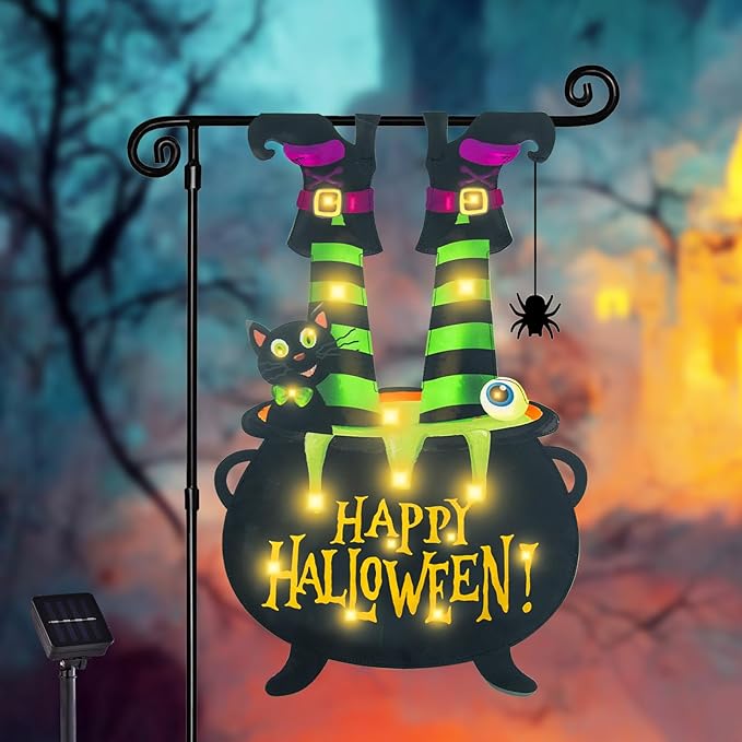 Halloween Lighted Garden Flag for Outside, Witch Feet Shape Flag Yard Decor, 8 Modes 12x18 Double Sided Cauldron Eyeball Black Cat Outdoor Hlloween Decorations for Home Porch（Warm White-12x18）-Ruum Studio Home
