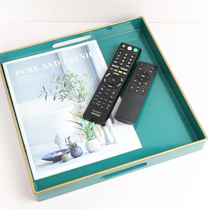 Spsyrine Green Decorative Serving Tray with Handles, 13" X 13" Square Plastic Coffee Table Tray for Ottoman, Living Room, Bathroom, Home Decor.-Ruum Studio Home