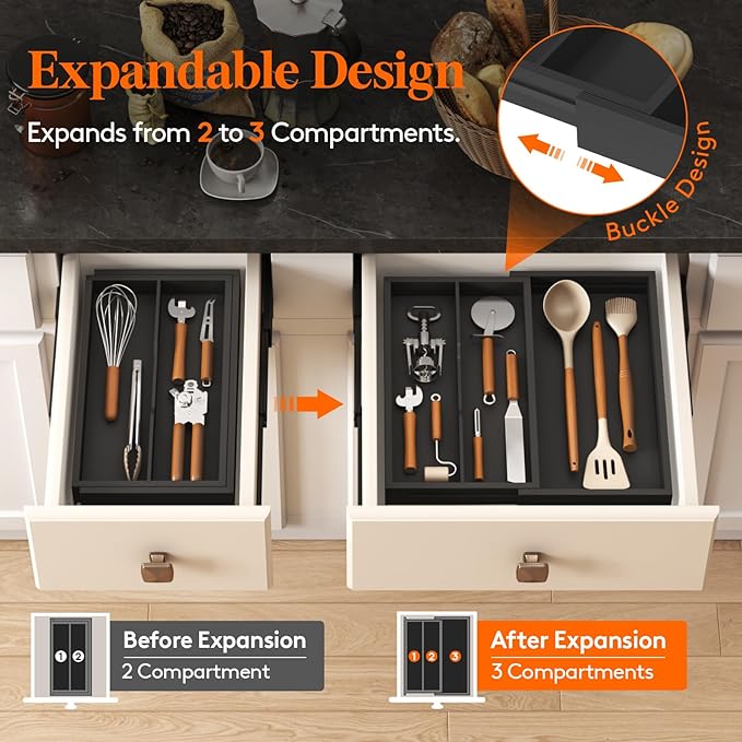 Lifewit Utensil Drawer Organizer, Expendable Cooking Silverware Tray for Kitchen Drawer, Bamboo Adjustable Cutlery Flatware Holder, Spatula Tools and Gadgets Storage Divider, 3 Compartments, Black-Ruum Studio Home