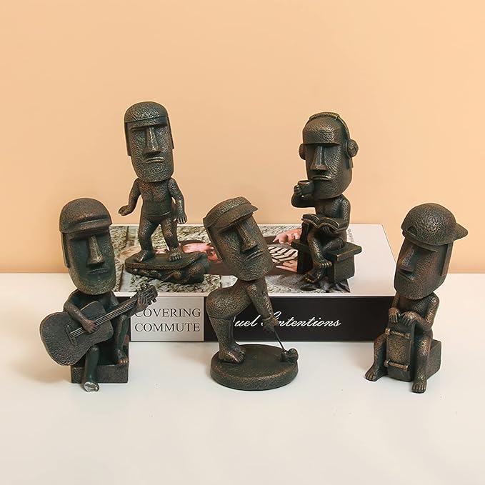 Moai Statue Decor - 6 Inch Easter Island Oranment Resin Stone Decoration for Room Accessories Antique Sculpture for Office Desktop (Play Golf)-Ruum Studio Home