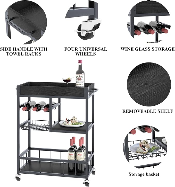 Bar Cart with Basket 3 Tiers Home Rolling Wine Rack with Wheels Mobile Kitchen Industrial Vintage Style Wood Metal Serving Trolley Serving Cart,Black Frame Home Kitchen Shelf for Party-Ruum Studio Home