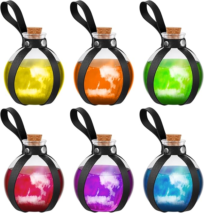 Patelai 6 Pcs Halloween Glass Potion Bottles with Belt Cork Renaissance Witch Costume Accessories Witch Props Potion Bottle for Halloween Party Decor Cosplay DIY Crafts Gift (Black)-Ruum Studio Home
