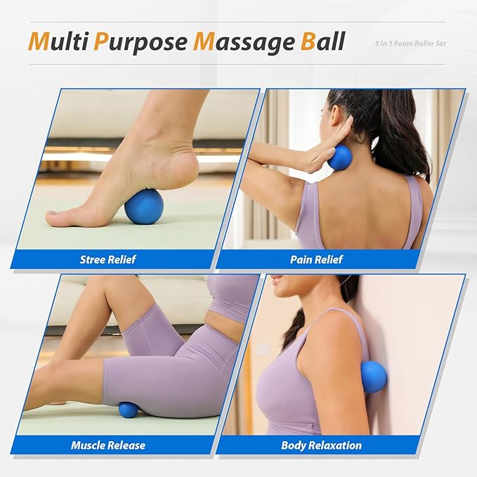 5 in1 Foam Roller Set, Trigger Point Foam Roller, Massage Roller Stick, Massage Ball, Resistance Band for Deep Muscle Massage Pilates Yoga,Fitness Exercise for Whole Body (Pure Blue)-Ruum Studio Home
