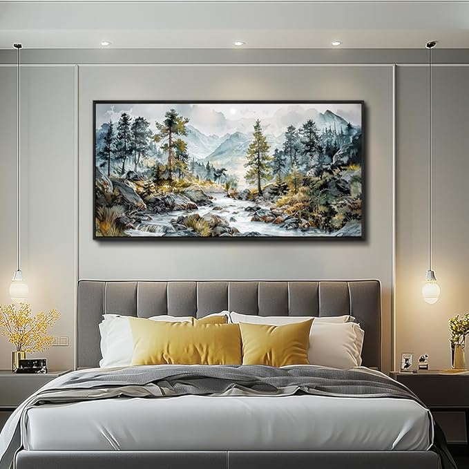 PHAOHUAXM Large Wall Art For Bedroom Wall Decor For Living Room Office Home Decoration Rivulet View Painting Forest Tree Landscape Watercolour Canvas Pictures Ready To Hang Black Framed 20x40 In-Ruum Studio Home