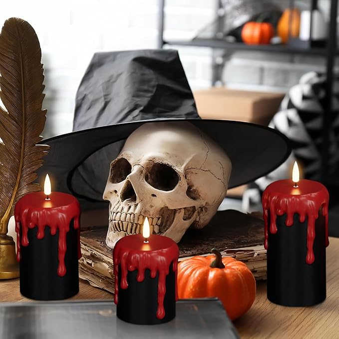 Wondise Halloween Flameless Candles with 6H Timer, Battery Operated Dripping Real Wax Black LED Pillar Candles 3D Wick Flickering Spooky Halloween Indoor Decoration (3 Pack, 3 x 4,5,6 Inches)-Ruum Studio Home