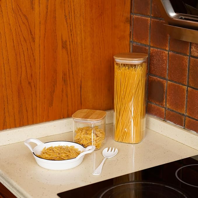 Glass Pasta Storage Jars Square 73oz, 3 Pack Glass Jars With Bamboo Lids, Tall Kitchen Storage Containers For Pasta, Storage For Pantry Organizers-Ruum Studio Home