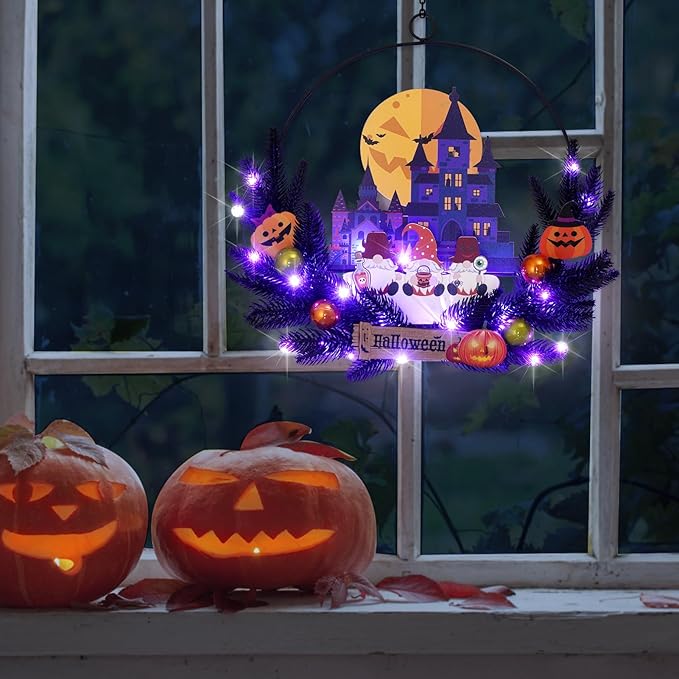 Lighted Halloween Wreaths for Front Door, Welcome Metal Wooden Door Wreath Decor Hanging Sign, 30 LED Lighted Wall Decor Battery Operated for Halloween Indoor Outdoor (Dwarf)-Ruum Studio Home