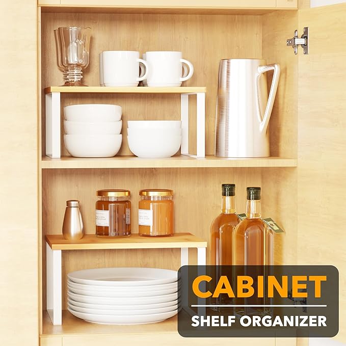 SpaceAid Cabinet Shelf Organizers 2 Pack, Kitchen Counter Rack Shelves Riser, Stackable Expandable Spice Rack, Pantry Cupboard Storage Organization (White and Natural, Short)-Ruum Studio Home