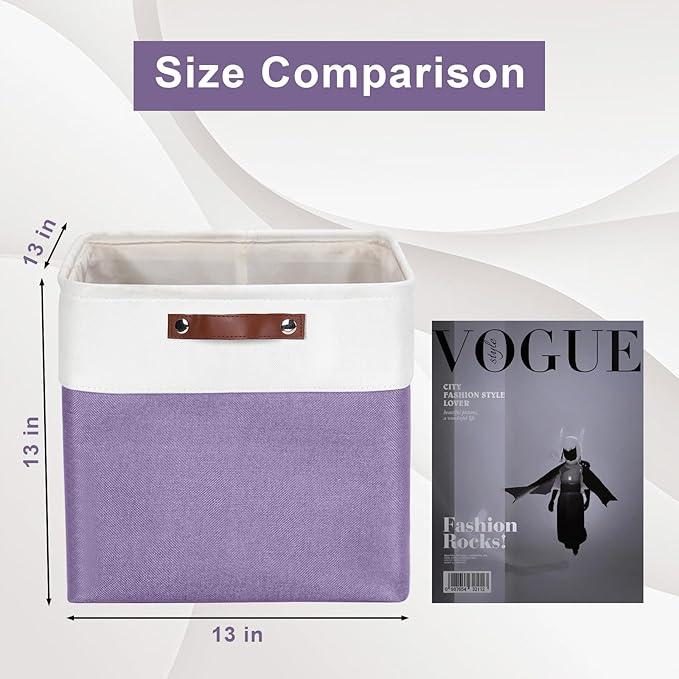 13x13 Cube Storage Bins, Collapsible Fabric Storage Box, 4 Pack Closet Baskets with Handles for Organizing, Shelf, Toys, Clothes, Home, Office, Nursery (Purple&White)-Ruum Studio Home