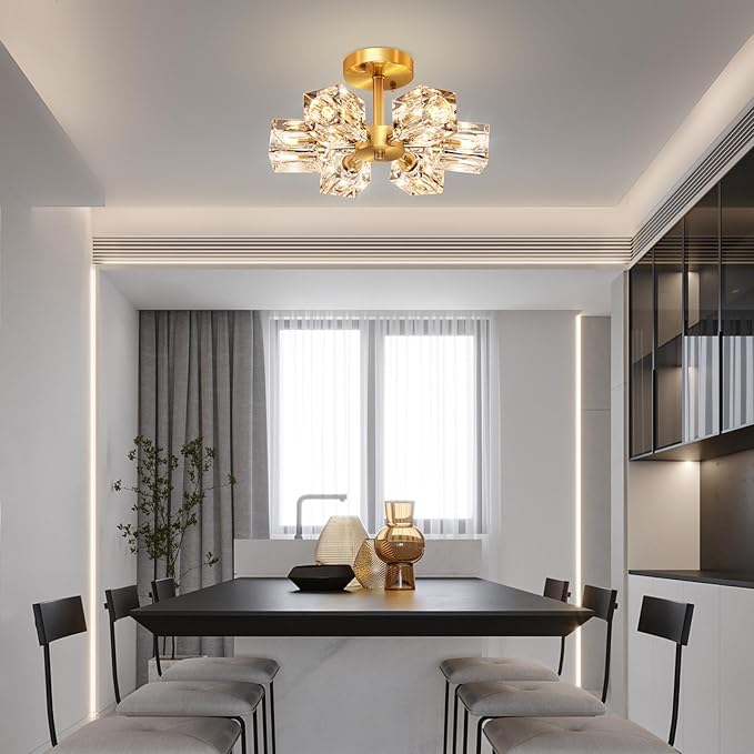 Semi Flush Mount Ceiling Light Fixture Modern 6 Lights Gold Crystal Chandelier,Brushed Nickel Sputnik Chandeliers for Hallway Entryway Bedroom Dining Room Farmhouse Kitchen Office-Ruum Studio Home